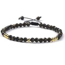 Bracelet Shamballa multi obsidienne dore et perles laiton (perles facettes 3-4mm)