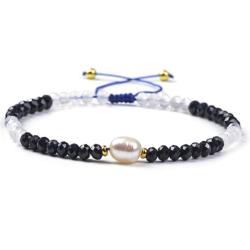 Bracelet Shamballa multi spinelle noir, pierre de lune et perle d'eau douce (perles facettes 3-4mm)